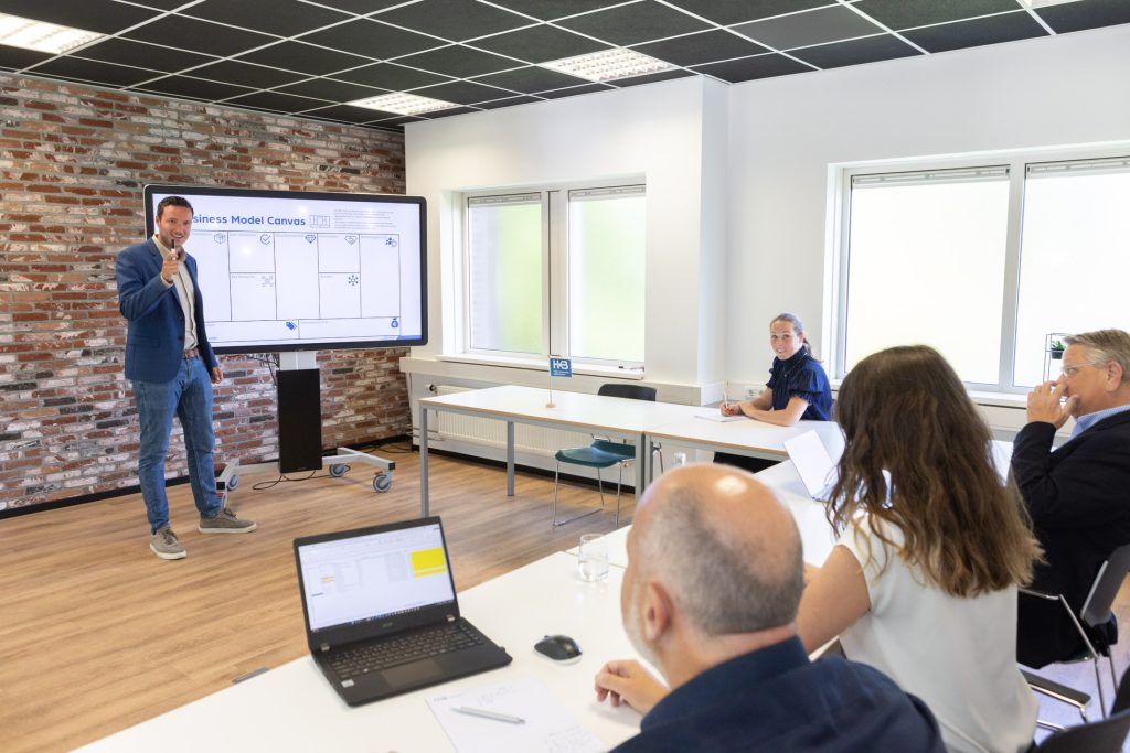 Presentatie over Business Model Canvas in vergaderruimte