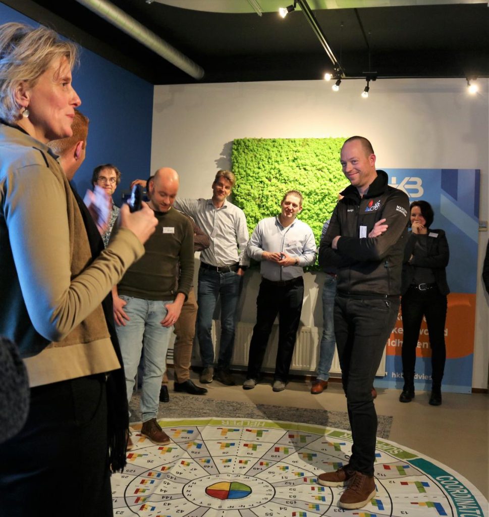 Groep mensen speelt spel op kantoorvloer.