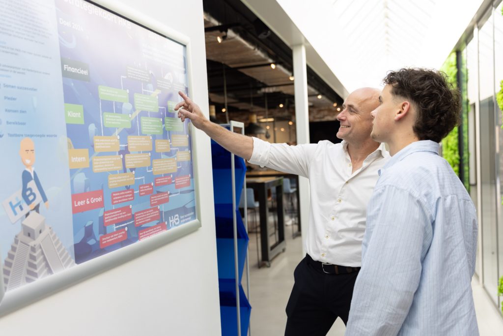 Twee mensen bespreken een informatiebord in kantoor.